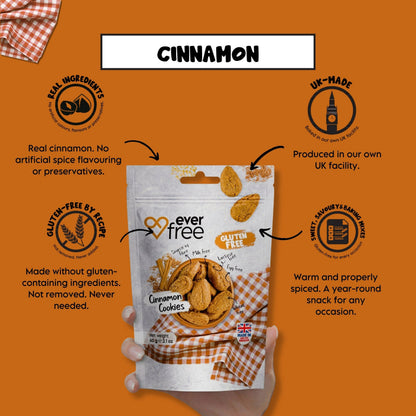 Box of EverFree gluten-free cinnamon cookies with 33 cookies in a pack, showcasing golden-brown, cinnamon-flavored treats.
