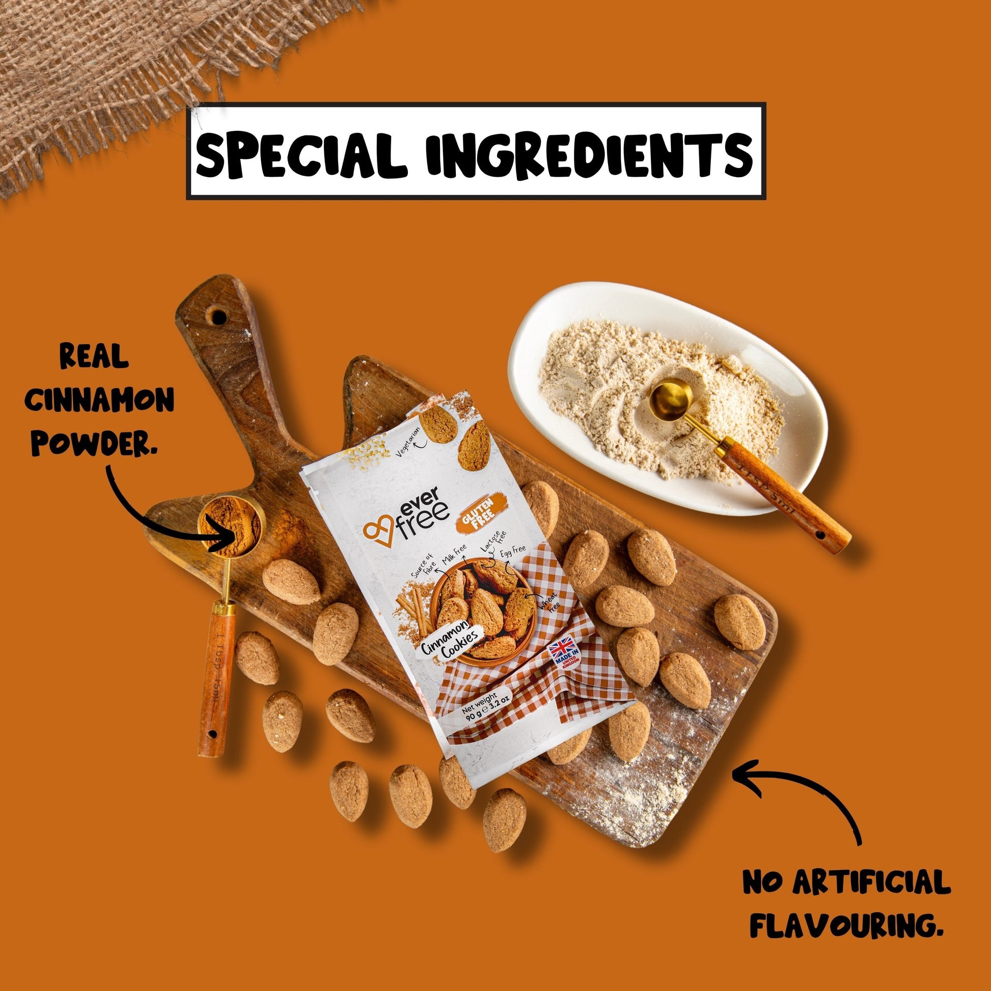 Pack of 34 gluten-free cinnamon cookies by EverFree, showing crispy cookies with cinnamon sugar coating on a white background.