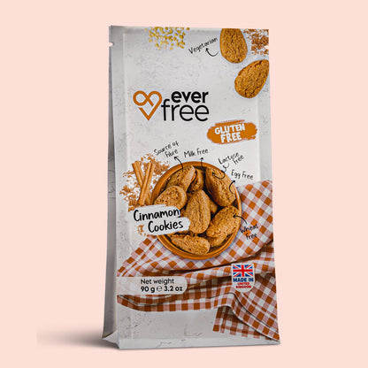 Three packs of EverFree gluten-free cinnamon cookies with visible cookies in clear packaging.