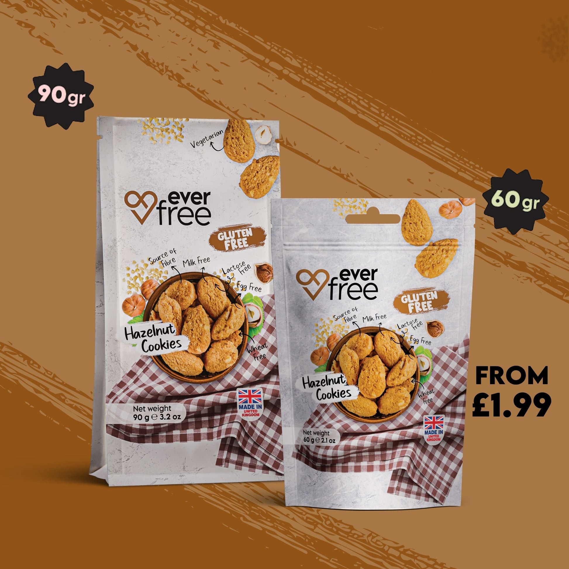 EverFree gluten-free hazelnut cookie showing a golden-brown, crunchy cookie with visible hazelnut pieces on a white background.