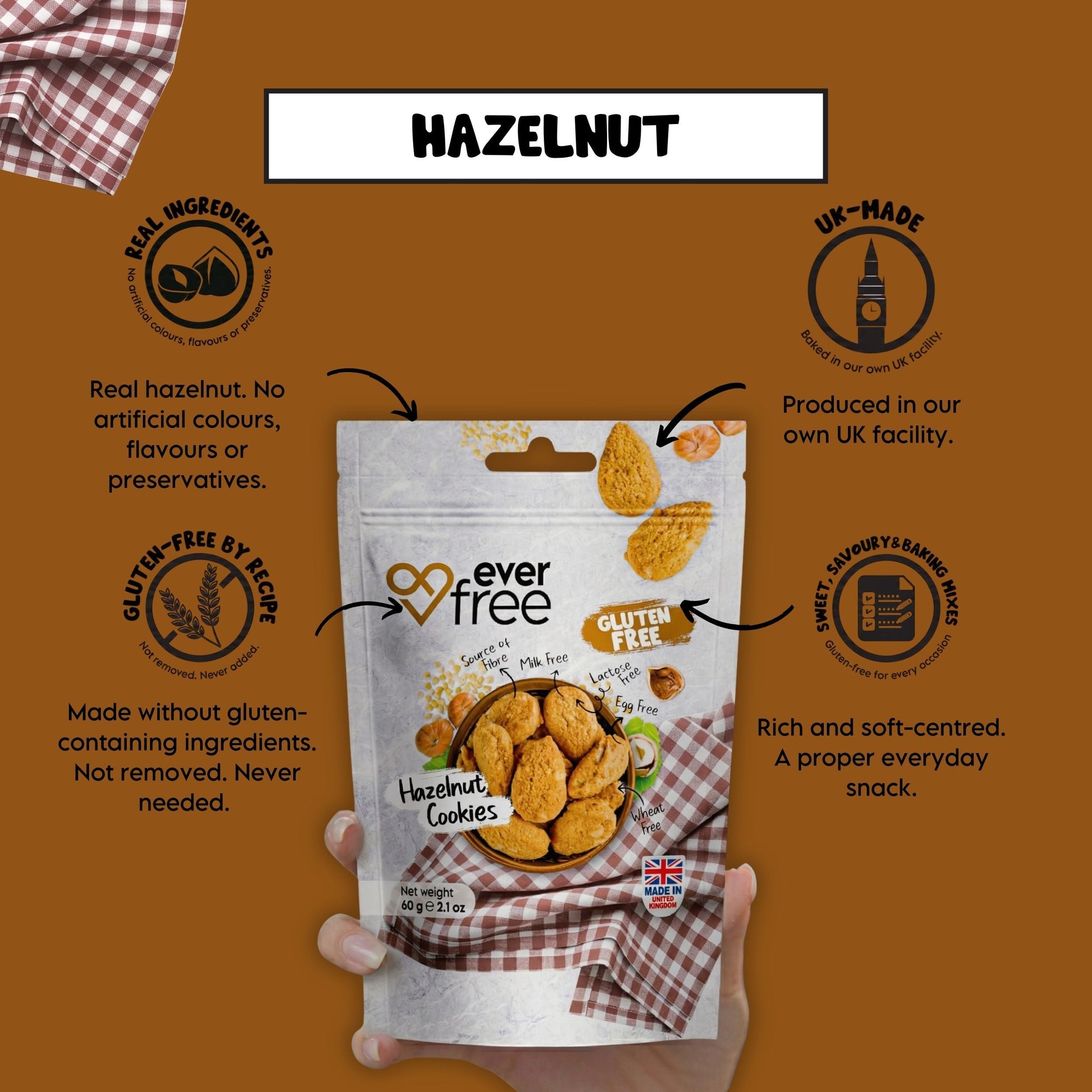 EverFree gluten-free hazelnut cookie with crunchy texture and rich hazelnut flavor, displayed on a white surface.