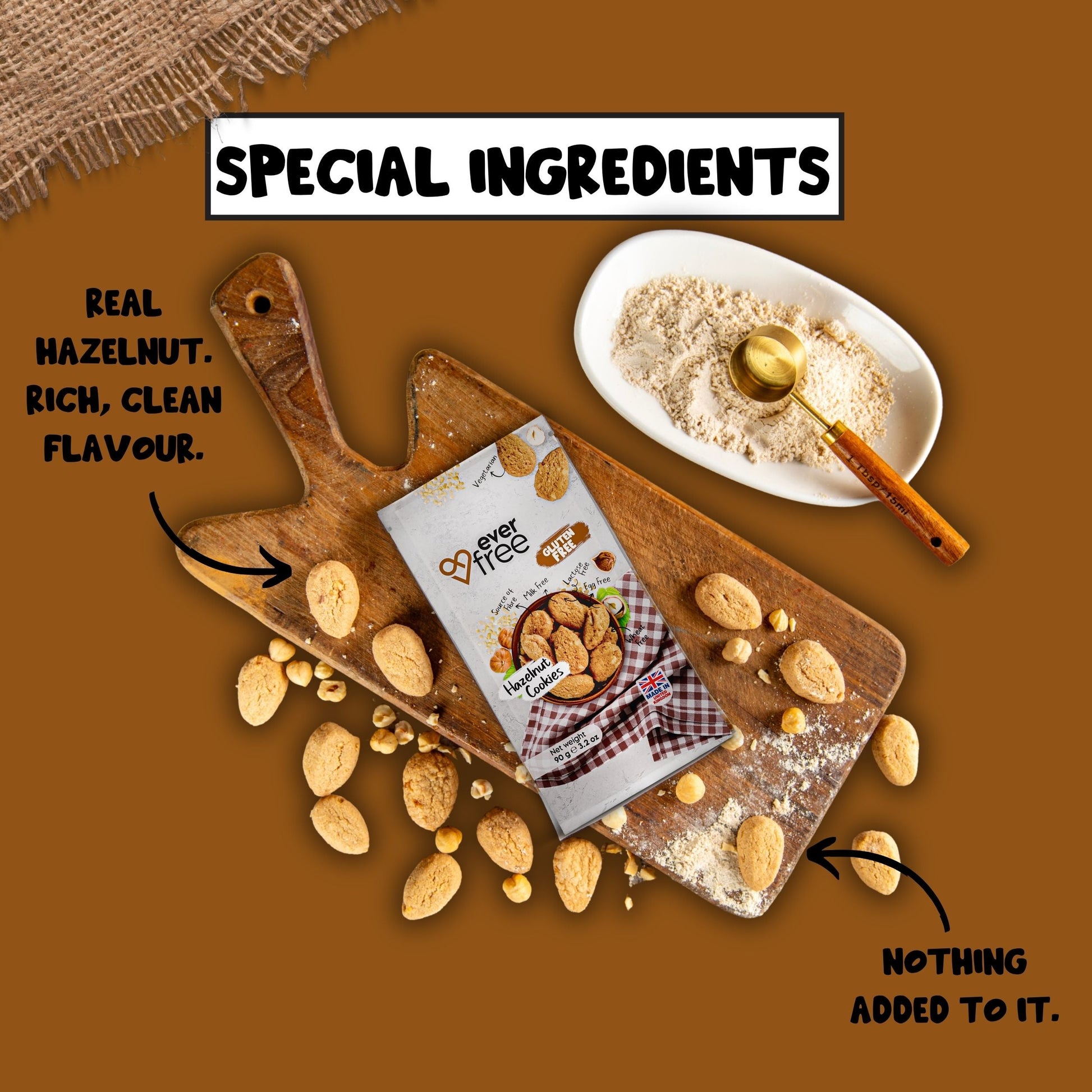 EverFree gluten-free hazelnut cookie showing a crispy, golden-brown cookie with visible hazelnuts on a white background.