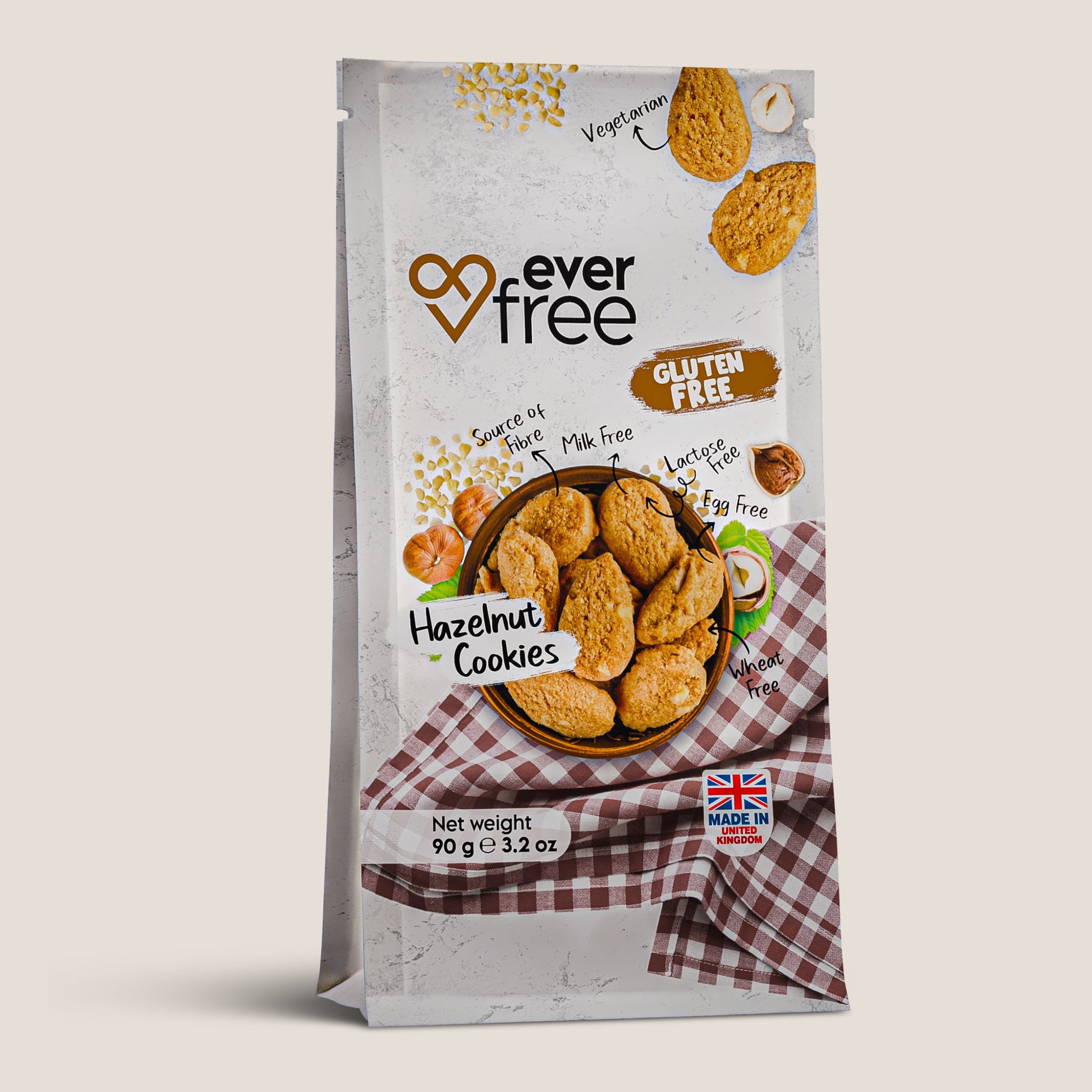 Three EverFree gluten-free hazelnut cookies in packaging, showcasing the crunchy, nutty snack.
