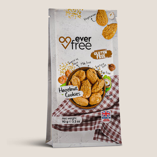 Three EverFree gluten-free hazelnut cookies in packaging, showcasing the crunchy, nutty snack.