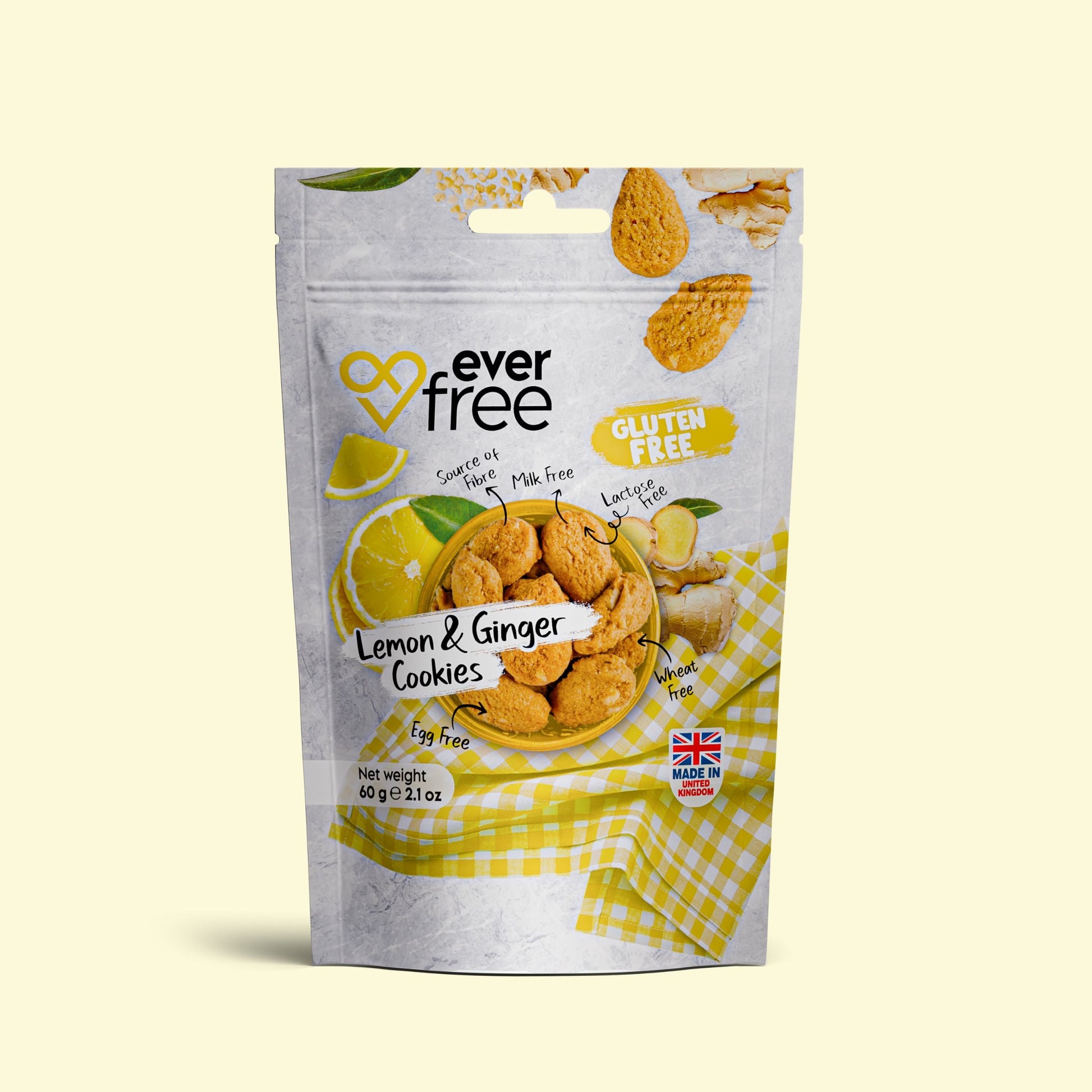 Pack of three EverFree gluten-free lemon and ginger cookies, showing golden cookies with lemon and ginger flavor details.