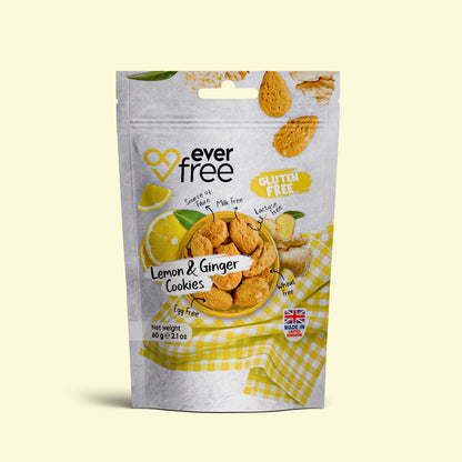 Pack of three EverFree gluten-free lemon and ginger cookies, showing golden cookies with lemon and ginger flavor details.