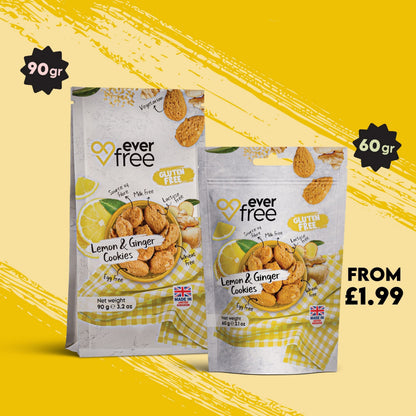 Pack of 32 gluten-free lemon and ginger cookies by EverFree, showing golden cookies with lemon and ginger flavor details.