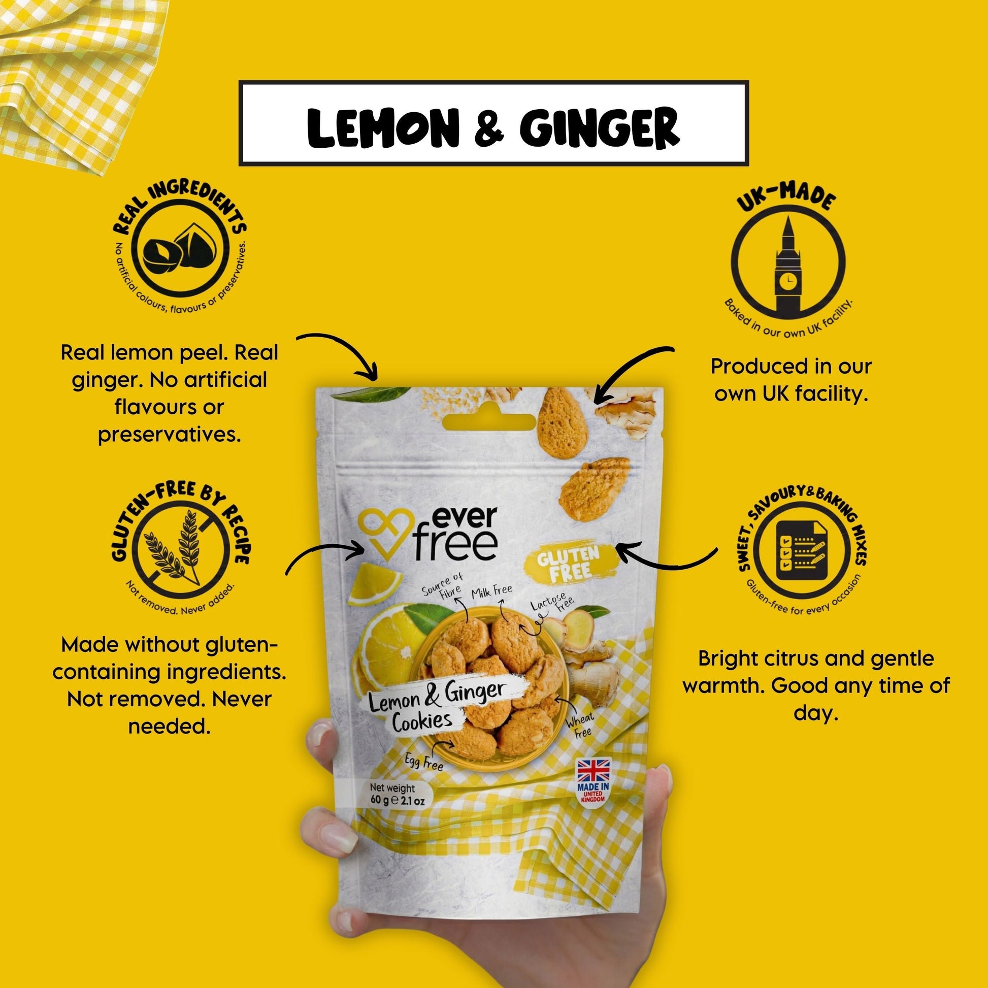 Pack of EverFree gluten-free lemon and ginger cookies, 33-piece box with lemon slices and ginger pieces visible on packaging.