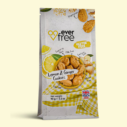 Pack of three EverFree gluten-free lemon and ginger cookies with visible cookies on the packaging.