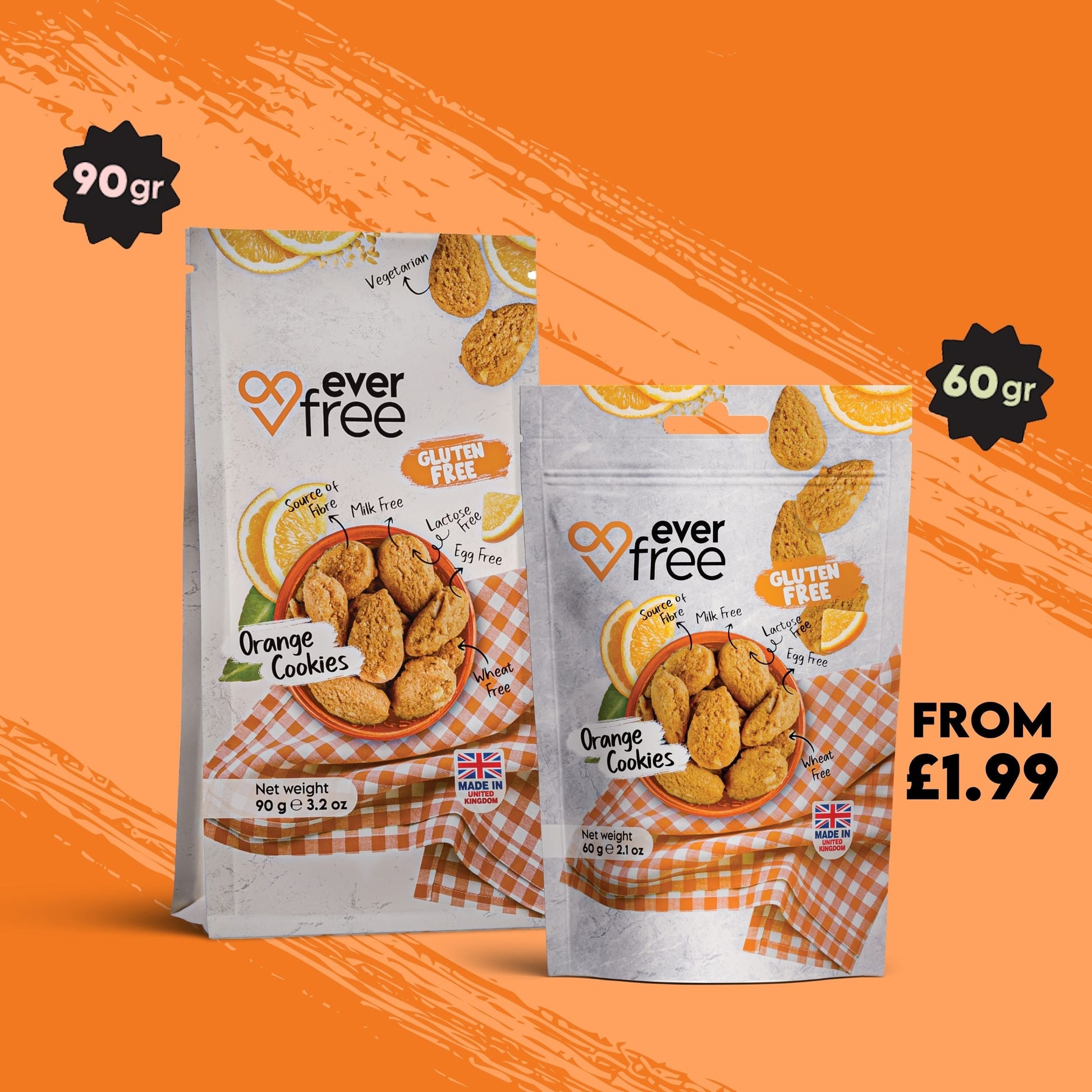 Box of 32 EverFree gluten-free orange cookies with bright orange filling and crisp cookie texture.