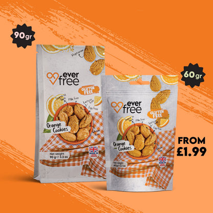 Box of 32 EverFree gluten-free orange cookies with bright orange filling and crisp cookie texture.