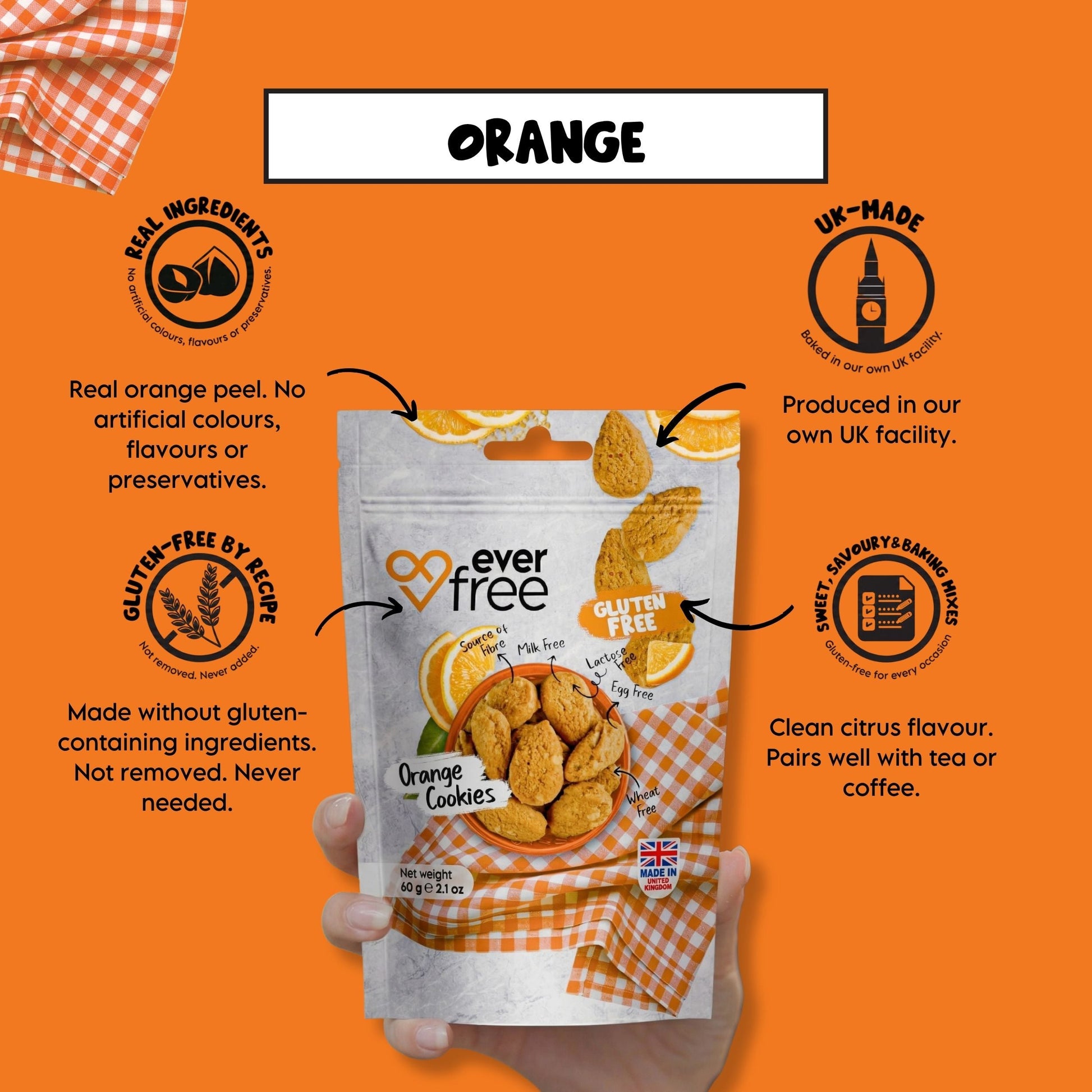 Pack of 33 EverFree gluten-free orange cookies with bright orange flavor and crispy texture in a sealed package.