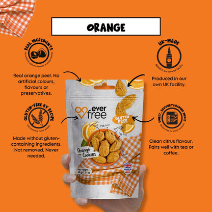 Pack of 33 EverFree gluten-free orange cookies with bright orange flavor and crispy texture in a sealed package.