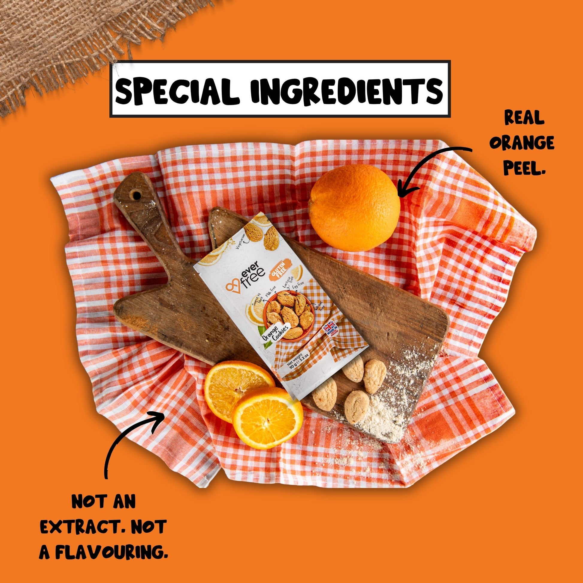 EverFree gluten-free orange cookies pack of 34, showing crispy cookies with orange flavor and bright packaging.
