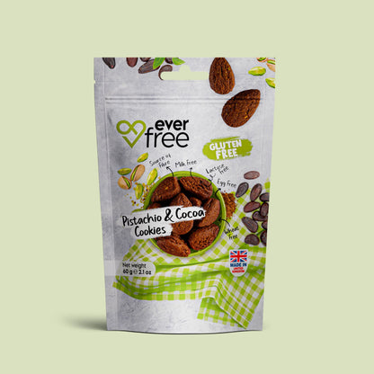 EverFree gluten-free pistachio and cocoa cookie packaged for snacking, showcasing a crispy, nutty treat.