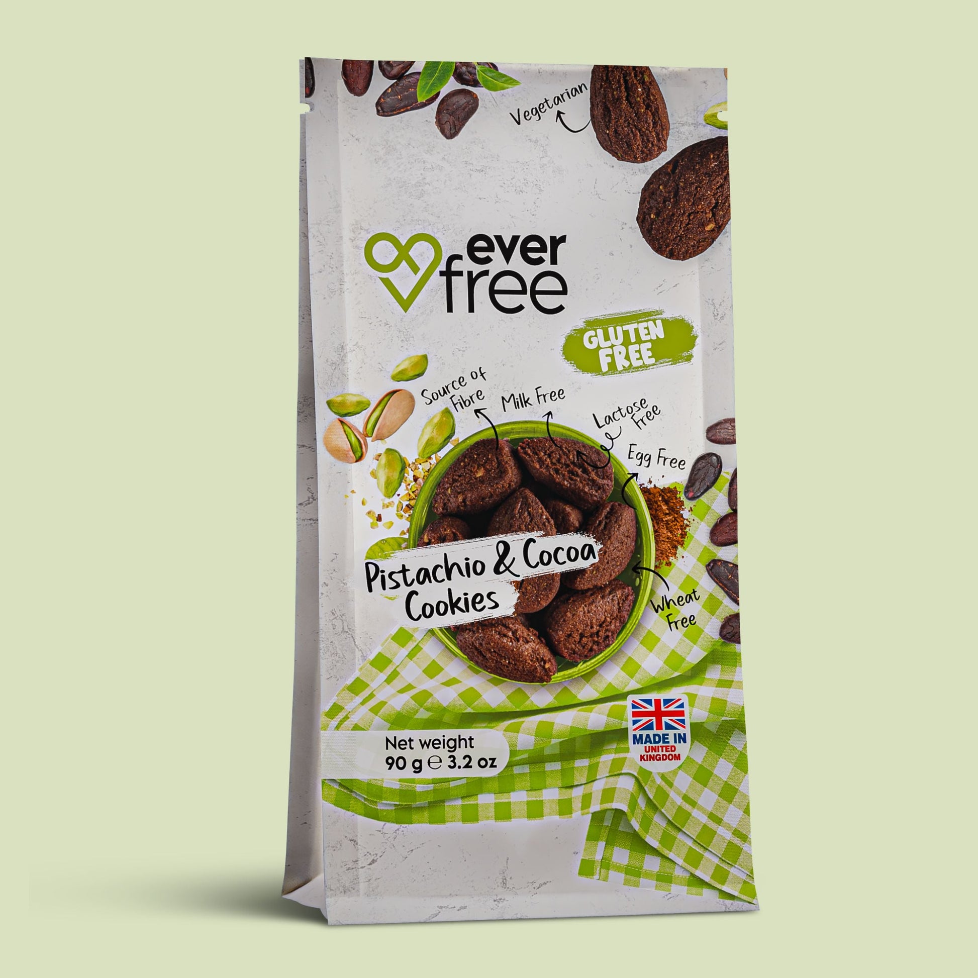 Three gluten-free pistachio and cocoa cookies by EverFree shown in their packaging on a white background.