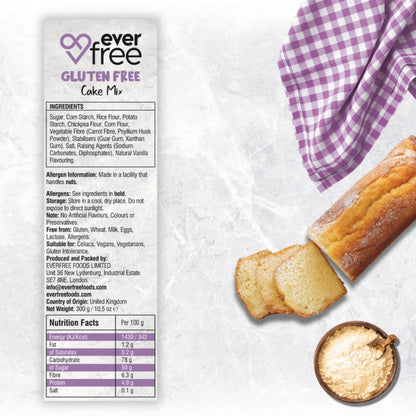 Pack of three EverFree gluten-free cake mixes in 350g boxes, showing colorful packaging and cake mix contents.