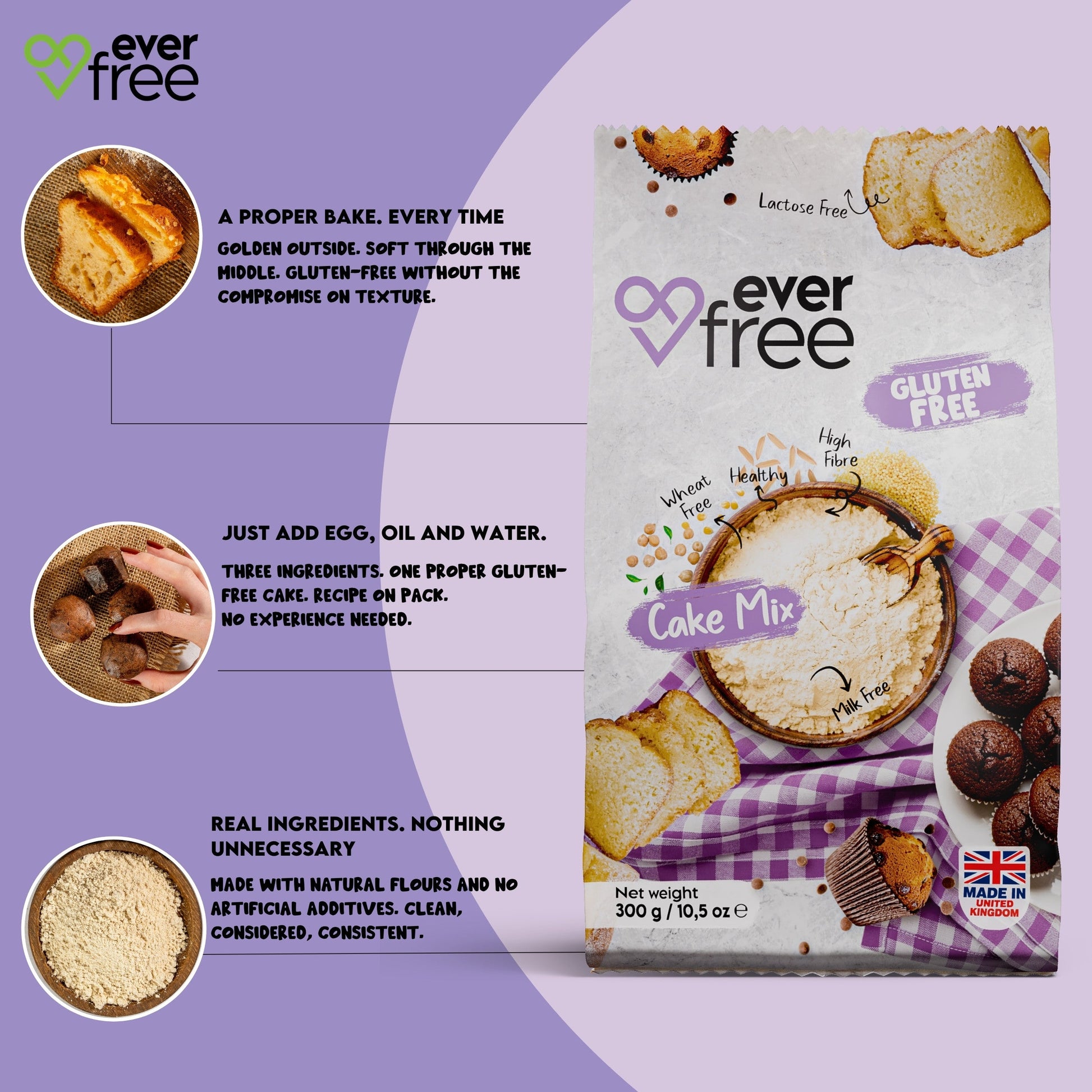 Three packs of EverFree Gluten Free Cake Mix in 350g bags, showing the colorful packaging and product details.