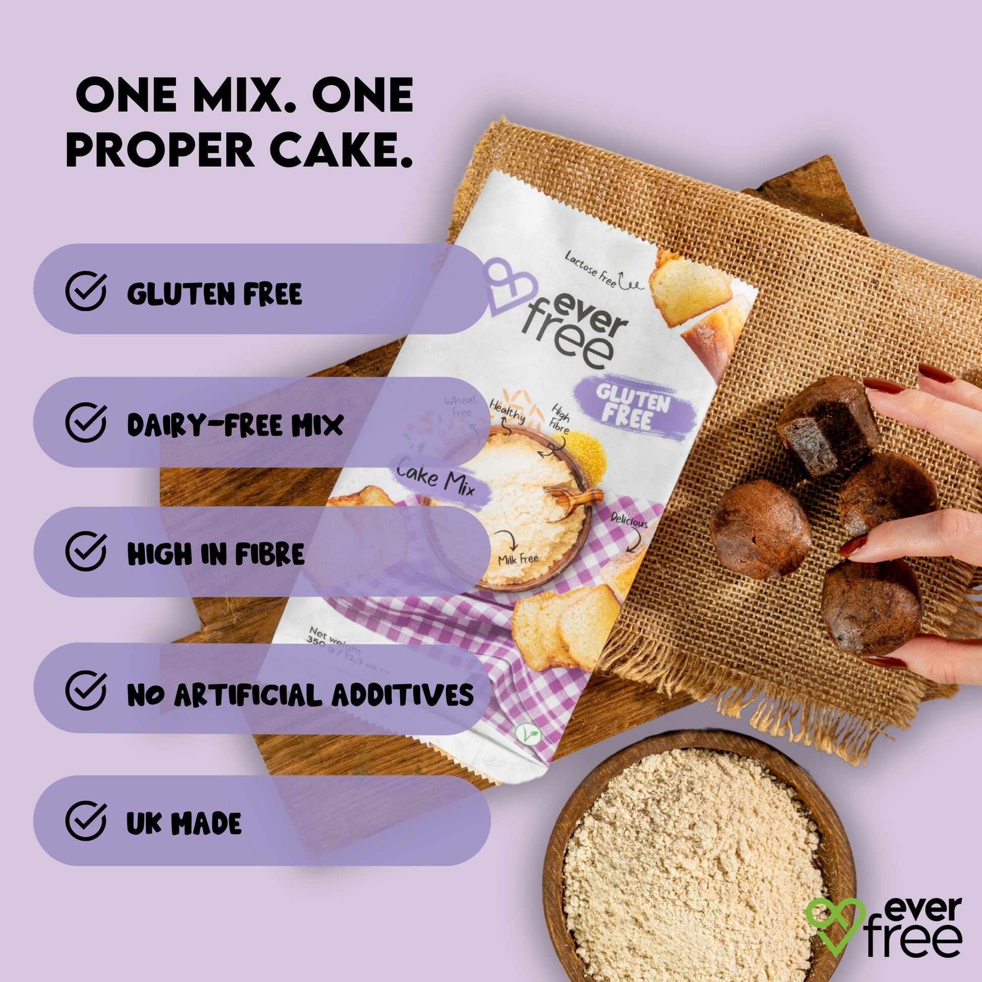 EverFree gluten-free cake mix in 350g package, shown in a pack of three, with baking ingredients and prepared batter visible.