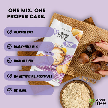 EverFree gluten-free cake mix in 350g package, shown in a pack of three, with baking ingredients and prepared batter visible.