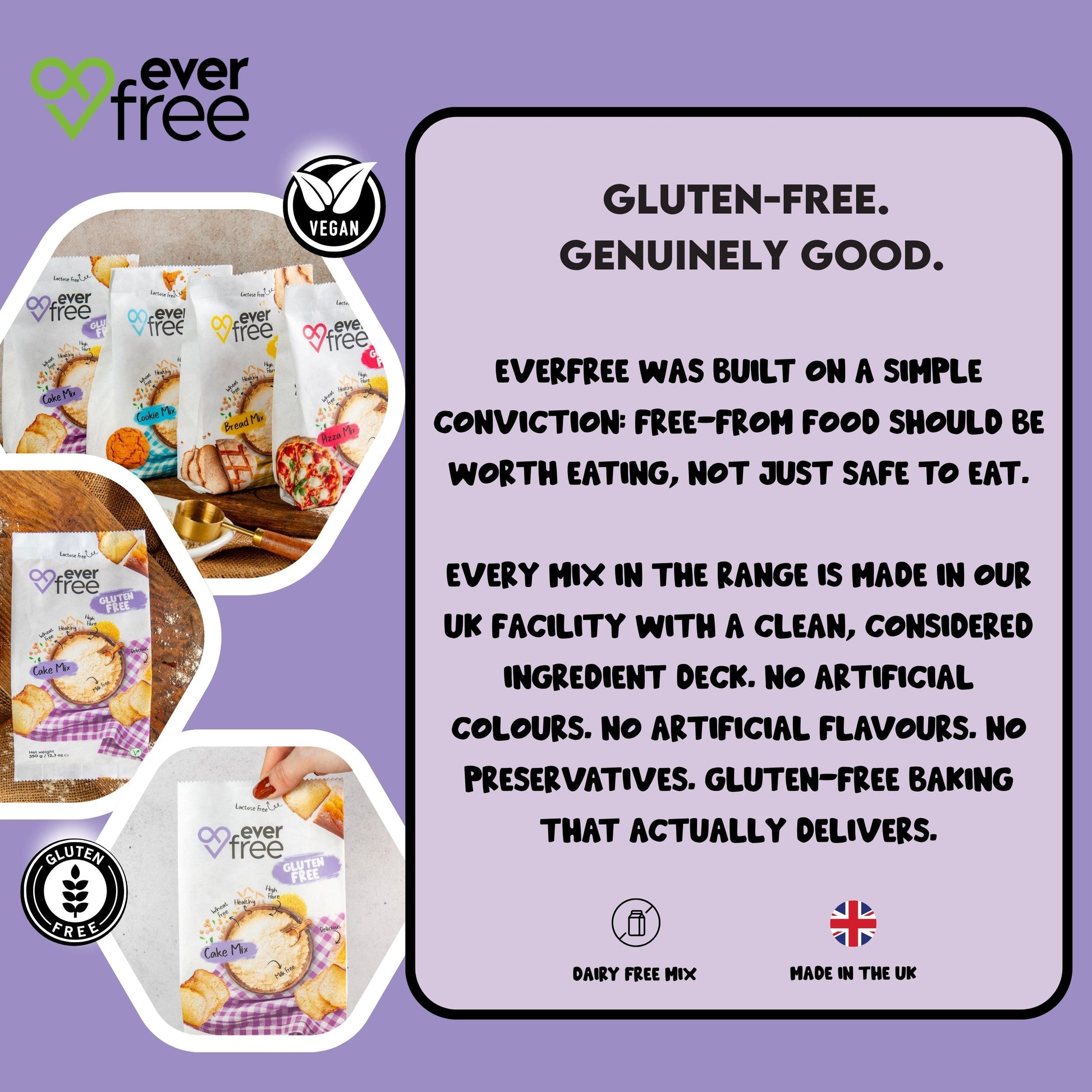 EverFree gluten-free cake mix 350g pack of 3, showing colorful baking instructions and ingredients on the packaging.