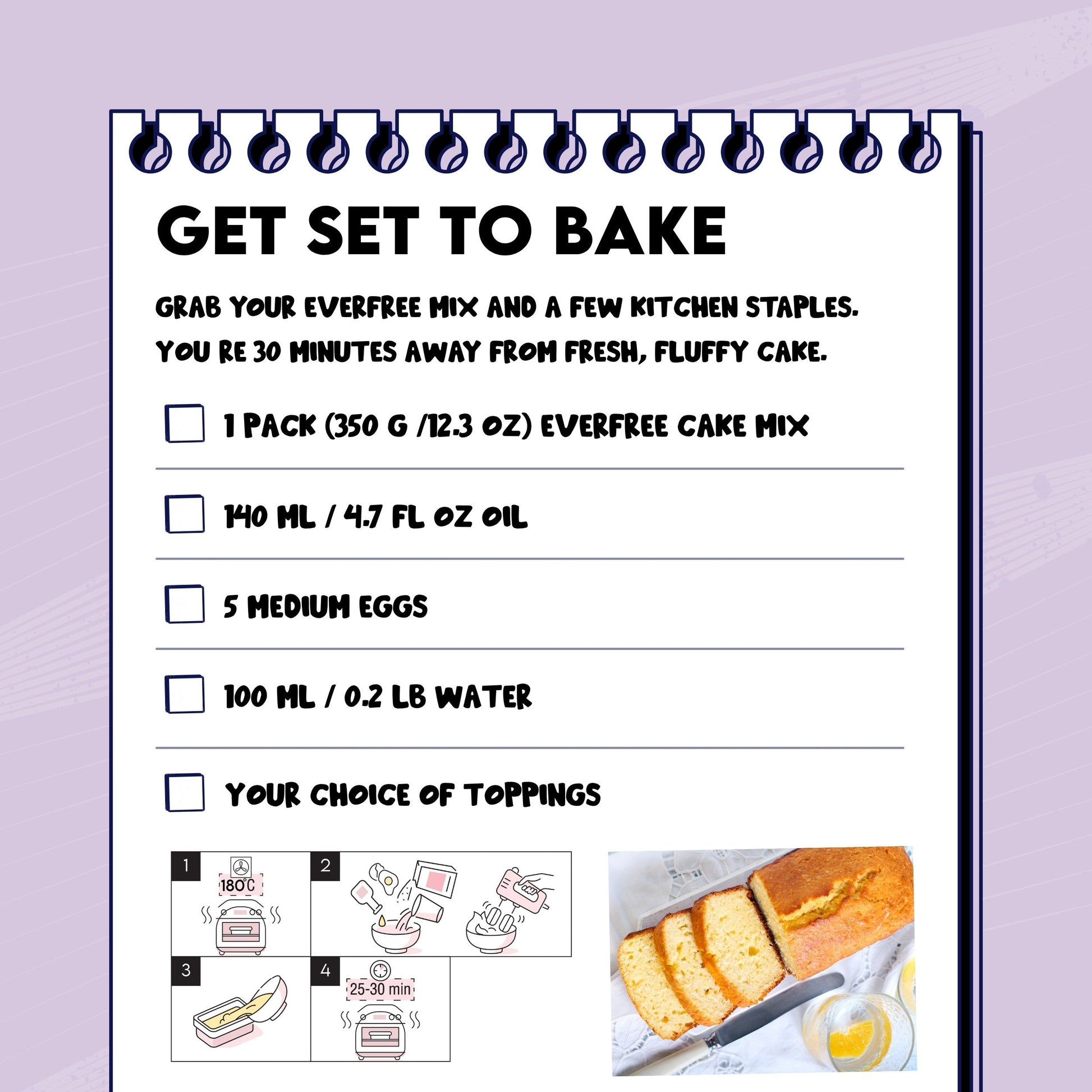 Three packages of EverFree gluten-free cake mix, 350g each, displayed together in a clean, bright setting.