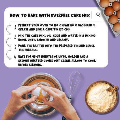 EverFree gluten-free cake mix 350g pack of 3, showing colorful boxes with baking instructions and ingredients on the packaging.