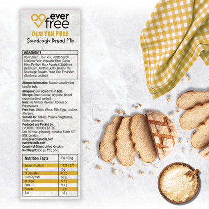 EverFree gluten-free sourdough bread mix in 350g packaging, shown in the image, with three packs of gluten-free baking mix.