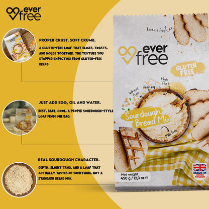 EverFree gluten-free sourdough bread mix in a 350g package, shown in a pack of three for gluten-free baking.
