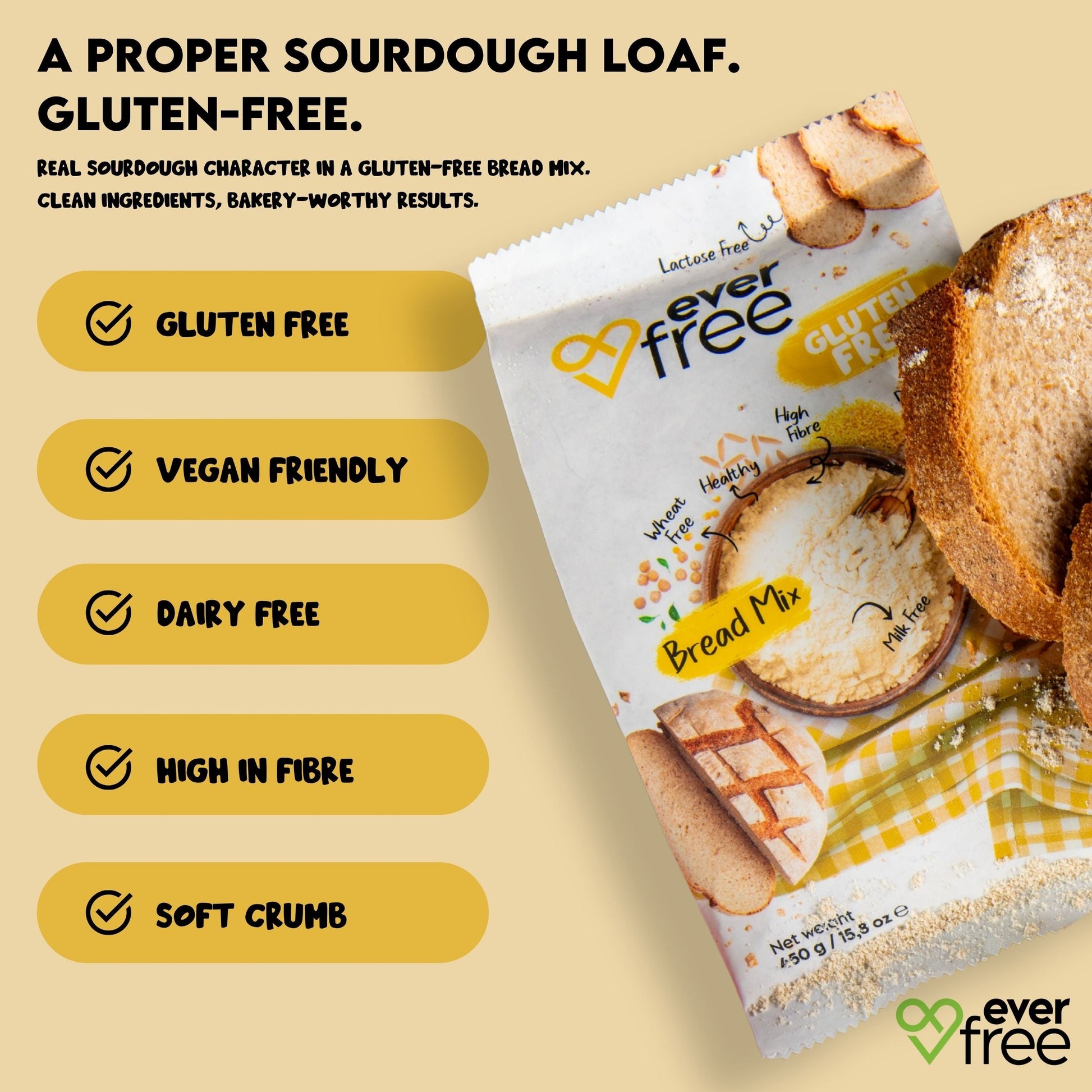 EverFree gluten-free sourdough bread mix in 350g pack, showing the packaged bread mix with ingredients and branding.
