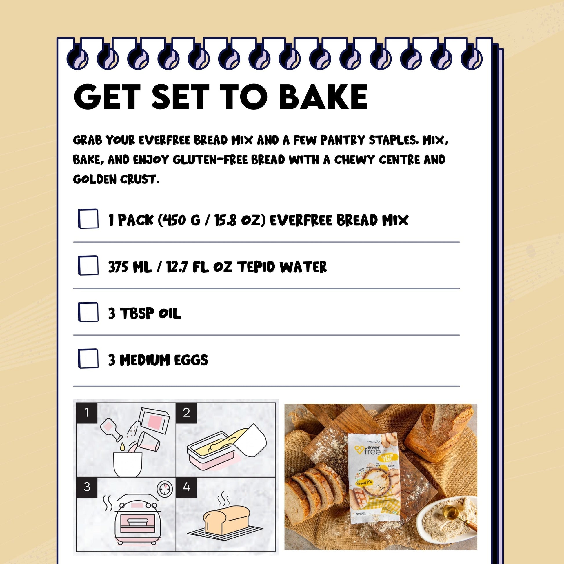 EverFree gluten-free sourdough bread mix in a 350g package, shown with baked bread and ingredients on a wooden surface.