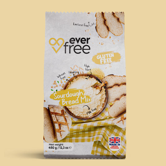 EverFree gluten-free sourdough bread mix in a 450g pack, showing the packaged bread mix with ingredients and branding.