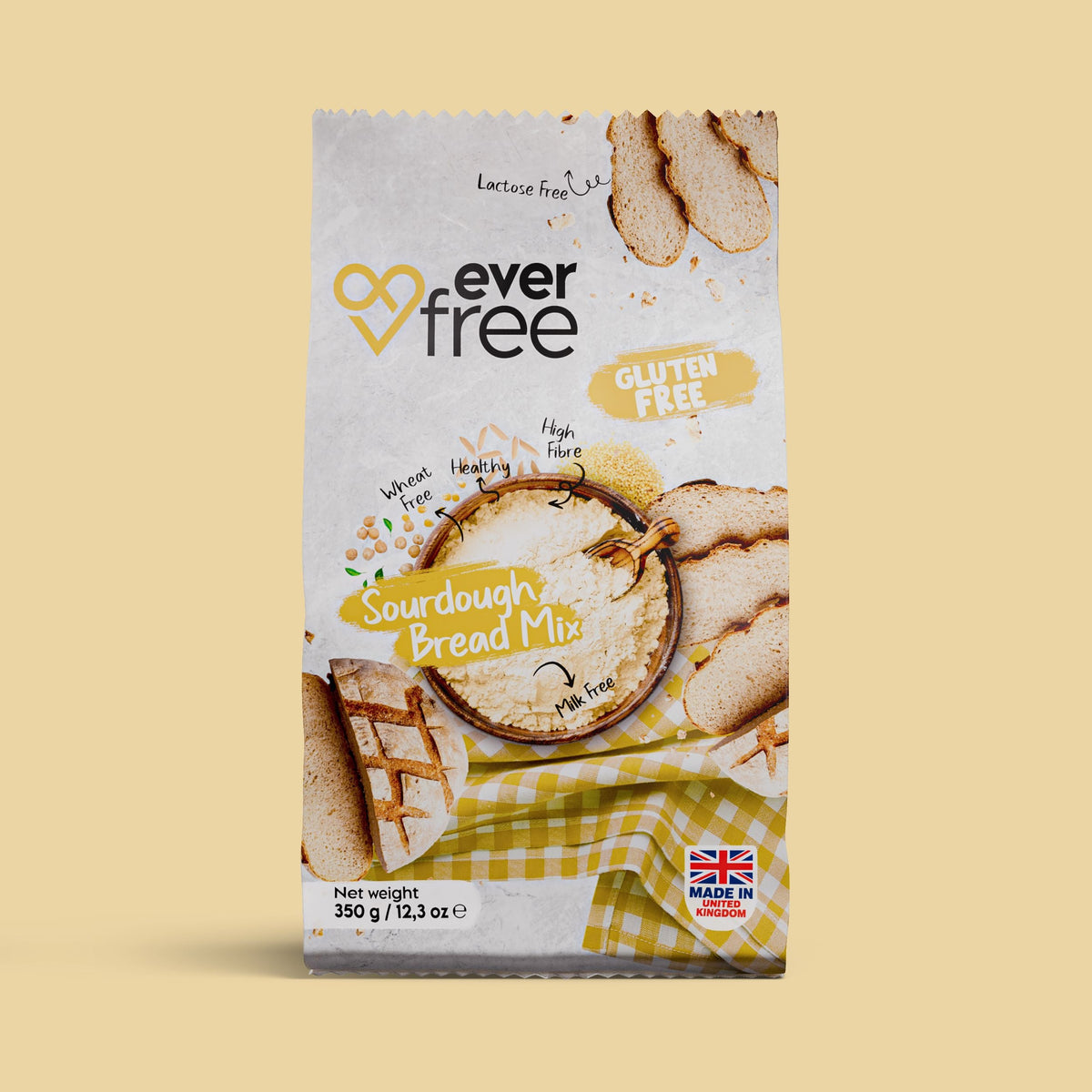 EverFree gluten-free sourdough bread mix in a 450g package, shown with prepared dough and baking ingredients.