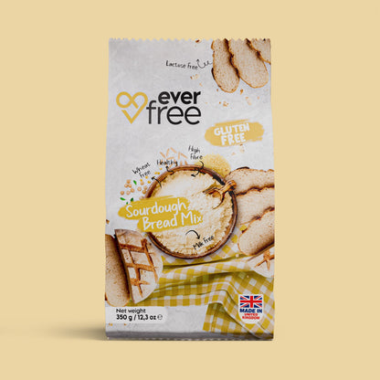 EverFree gluten-free sourdough bread mix in a 450g package, shown with prepared dough and baking ingredients.