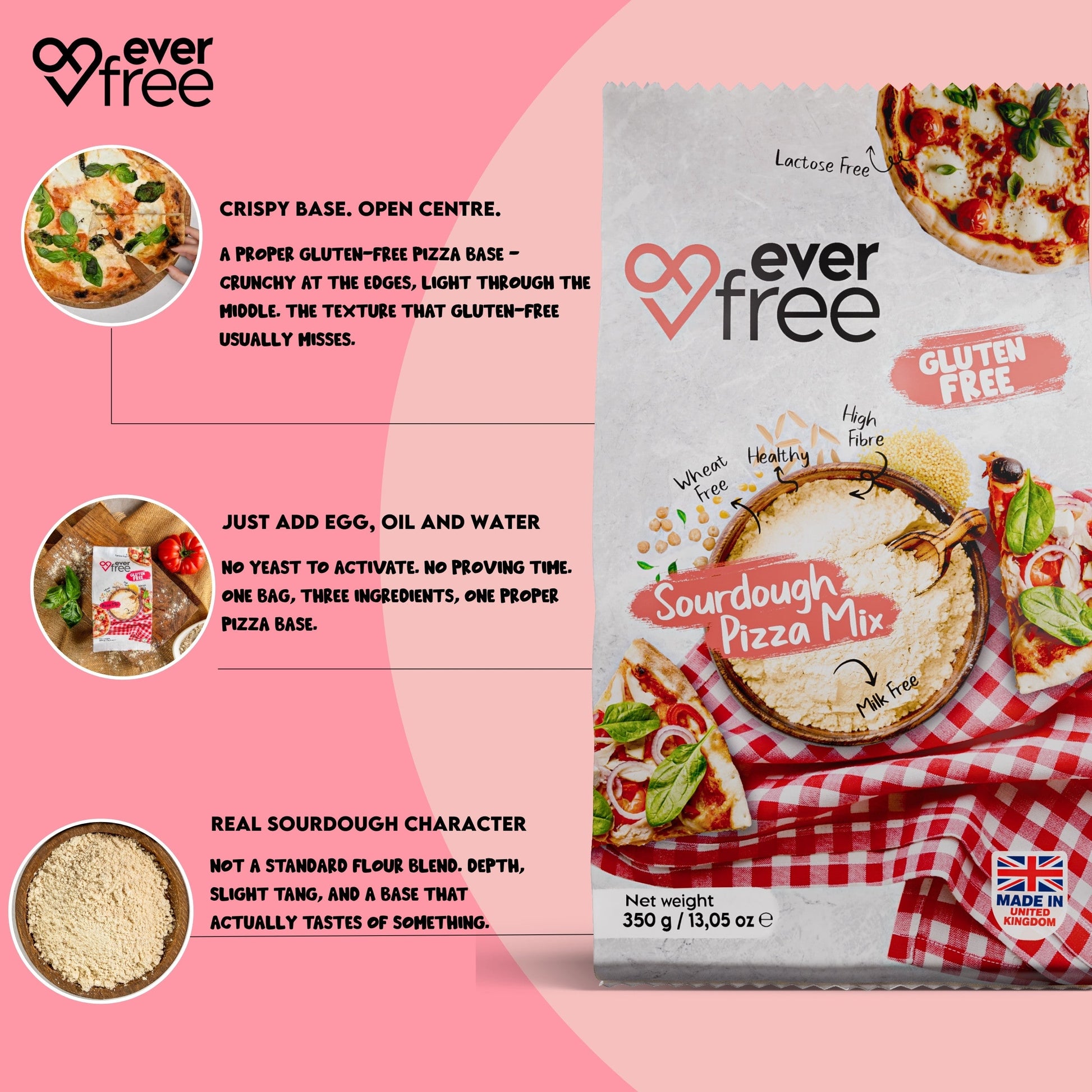 EverFree Gluten Free Sourdough Pizza Mix 350g pack of 3, showing the box with pizza crust ingredients and preparation steps