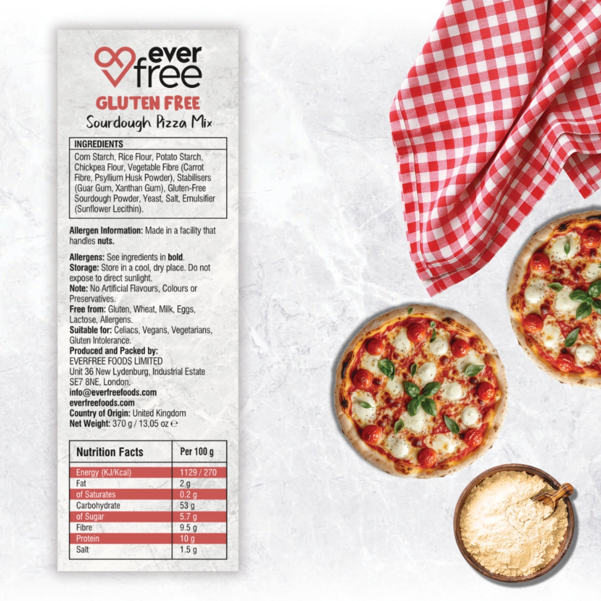 EverFree gluten-free sourdough pizza mix in a 350g pack, showing the mix's packaging and ingredients.