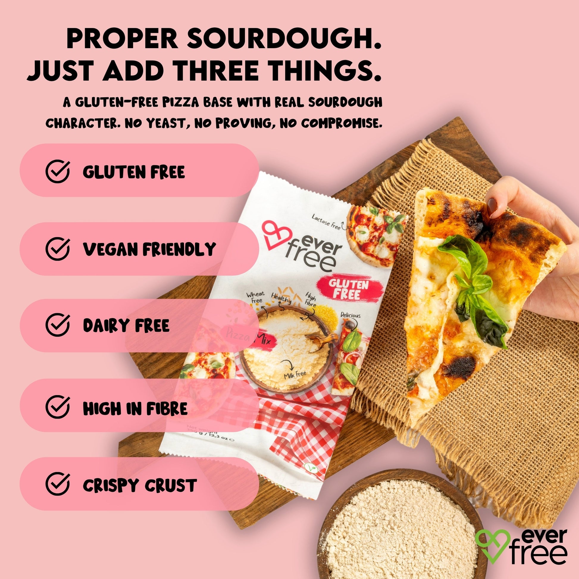 EverFree gluten-free sourdough pizza mix in 350g packs, showing the packaged product with a fresh pizza prepared using the mix.