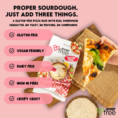 EverFree gluten-free sourdough pizza mix in 350g packs, showing the packaged product with a fresh pizza prepared using the mix.