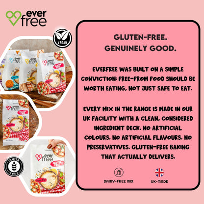 EverFree gluten-free sourdough pizza mix in a 350g packet, shown with ingredients and preparation steps on the packaging.