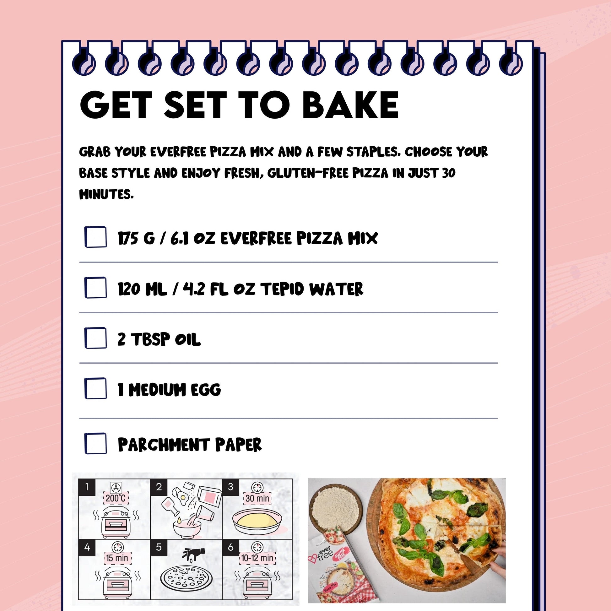 EverFree gluten-free sourdough pizza mix in a 350g package, shown in a pack of three with prepared pizza on a baking tray.