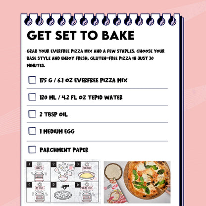 EverFree gluten-free sourdough pizza mix in a 350g package, shown in a pack of three with prepared pizza on a baking tray.
