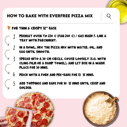 EverFree gluten-free sourdough pizza mix in a 350g pack, showing a prepared pizza with toppings on a wooden surface.