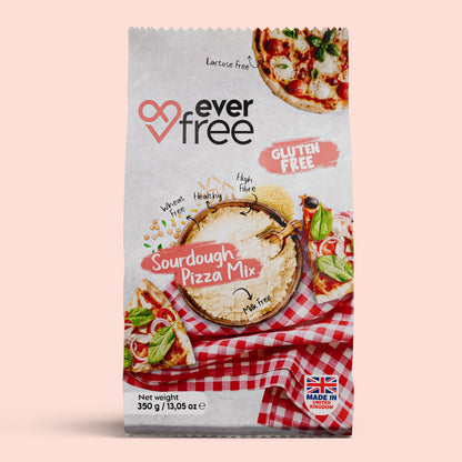 EverFree gluten-free sourdough pizza mix in a 350g pack, showing the packaging and prepared dough on a baking tray.