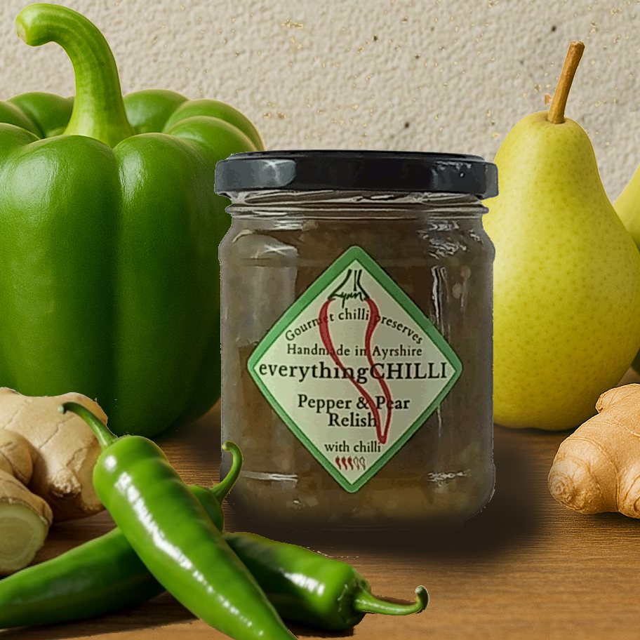 A jar of Pepper & Pear Relish green chili jam looking lush (although I do say so myself) beside fresh ingredients