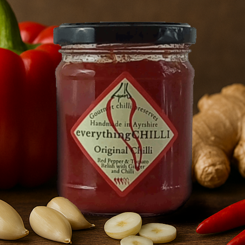 Bundle of five Rainy Day Pack original chili relishes by everythingCHILLI, featuring vibrant chili relish jars in a colorful display.