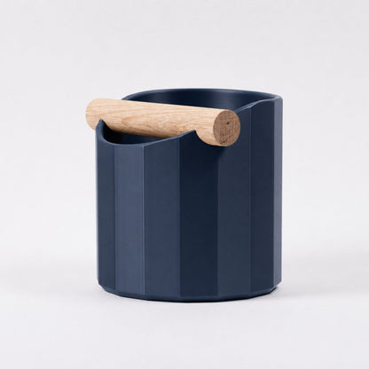Dark blue Facet Geometric Espresso Knock Box by KNOCDIC® with oak knock bar for coffee grounds disposal