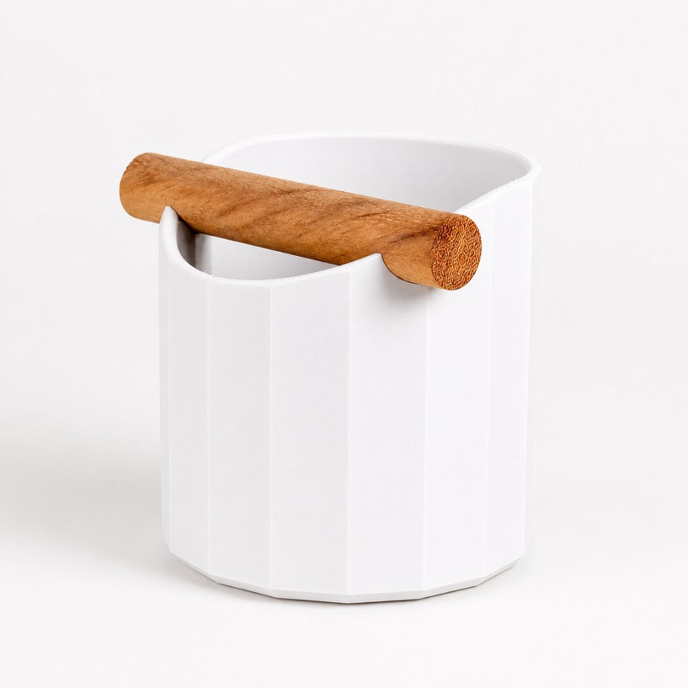 KNOCDIC® Facet Geometric Espresso Knock Box with Ivory White finish and oak knock bar for coffee grounds disposal