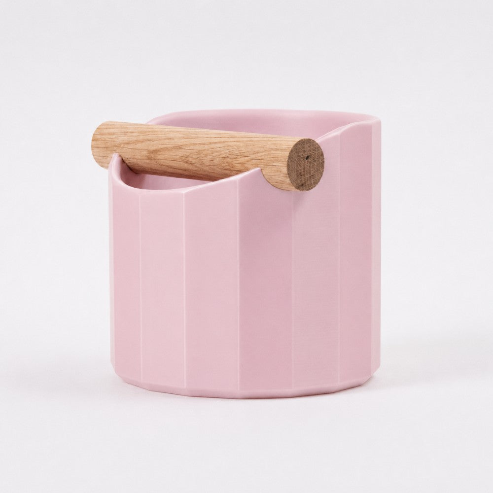 Pink Facet Geometric Espresso Knock Box with Oak Knock Bar by KNOCDIC®, designed for espresso machine baristas.