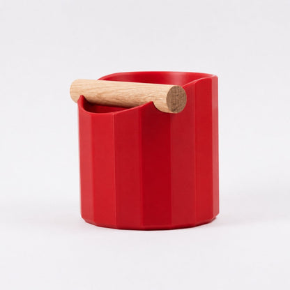 Red Facet Geometric Espresso Knock Box with Oak Knock Bar by KNOCDIC® for coffee machine cleanup.