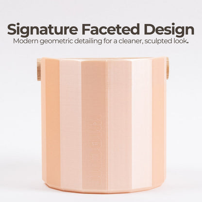 Close-up of the KNOCDIC® Facet Geometric Espresso Knock Box with oak knock bar, showcasing its modern design and textured surface.